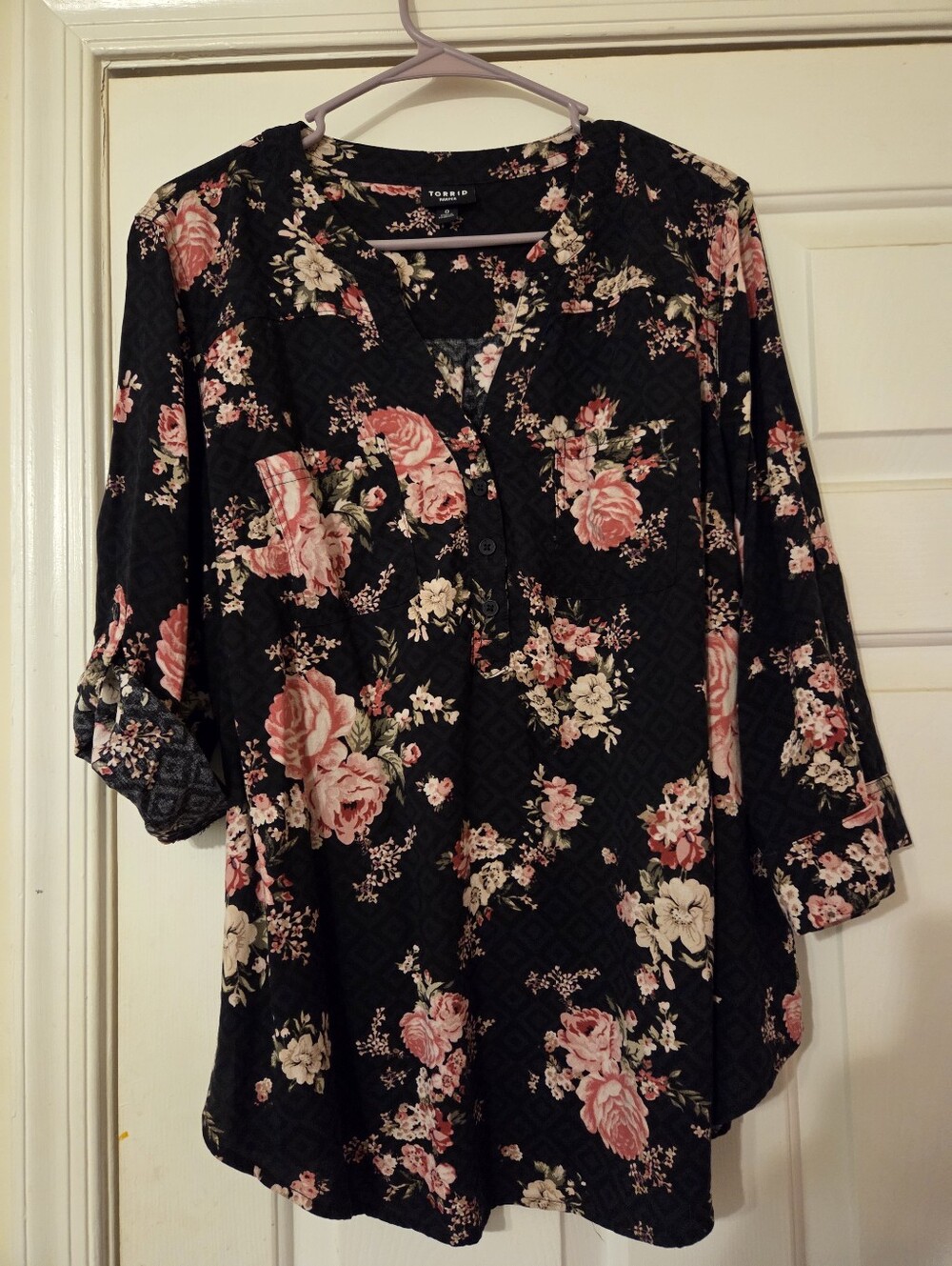 torrid Black Floral Henley Tunic with Pink Roses